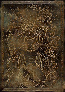 Zodiac sign Aries on grunge texture background. Hand drawn fantasy graphic illustration in frame