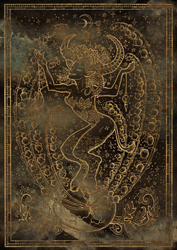Zodiac sign Taurus on grunge texture background. Hand drawn fantasy graphic illustration in frame