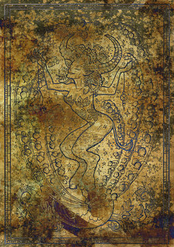 Zodiac sign Taurus on old fabric texture background. Hand drawn fantasy graphic illustration in frame