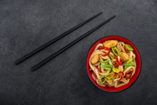 Udon noodles with red chilli pepper