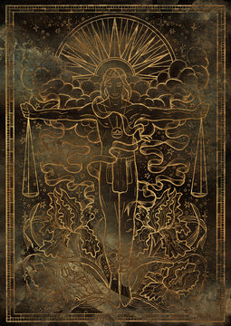 Zodiac sign Libra on grunge texture background. Hand drawn fantasy graphic illustration in frame