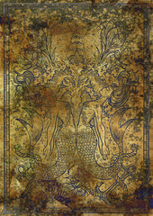 Zodiac sign Fish or Pisces on old fabric texture background. Hand drawn fantasy graphic illustration in frame