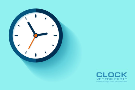 Simple Clock in flat style. Watch on blue background. Business illustration for you presentation. Vector design object.