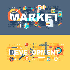 Market and development set of flat concept. Banners with slogan for website and graphic design. Flat icons. Mobile and print media. Vector illustration.