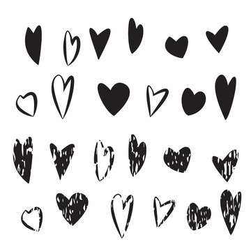 Grunge Black and white hand drawn heart set. Valentine's day and wedding card  vector illustration.