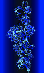 Ornament with branching elements. Vector floral decor. Blue-black pattern with lace elements