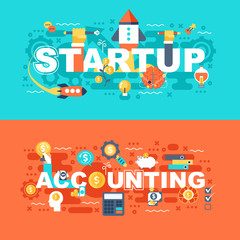 Startup and accounting set of flat concept. Banners with slogan for website and graphic design. Flat icons. Mobile and print media. Vector illustration.