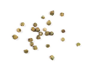Dry green pepper pile, peppercorn isolated on white, top view
