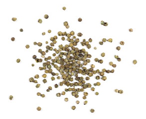 Dry green pepper pile, peppercorn isolated on white, top view
