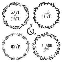 Hand drawn rustic vintage wreaths with lettering. Floral vector graphic. Nature design elements.