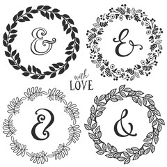 Hand drawn rustic vintage wreaths with lettering and ampersand. Floral vector graphic. Nature design elements.