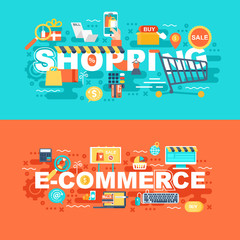 Shopping and e-commerce set of flat concept. Banners with slogan for website and graphic design. Flat icons. Mobile and print media. Vector illustration.