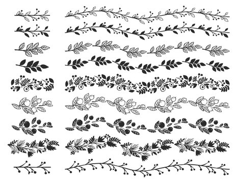Vintage botanical decorative borders. Hand drawn vector design elements.