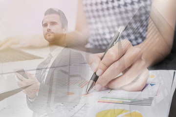 Double exposure concept.Business finance connecting new star up project.Tecnology co-working...