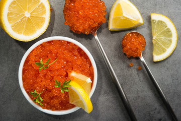 Red caviar with slice lemon
