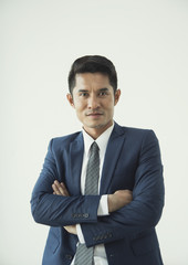 Portrait young asian businessman handsome looking for something.