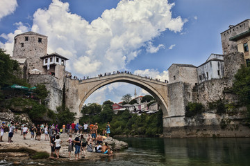 MOSATR BOSNIA HERZEGOVINA - AUGUST 15, 2014:  popular reconstructed Old Bridge .  15 August 2014 Mostar  Bosnia Herzegovina