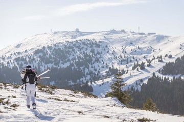 Fototapeta na wymiar skiers at mountain top. winter ski sport