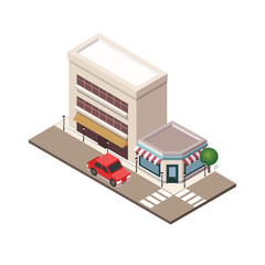 Isometric small town urban landscapecenter map with building, shop and roads. Town plan, construction architecture vector illustration