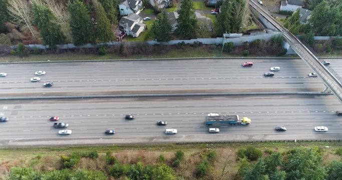 Freeway Traffic Aerial Overview Above Cars Moving Along Lanes North South Interstate 405 Washington State
