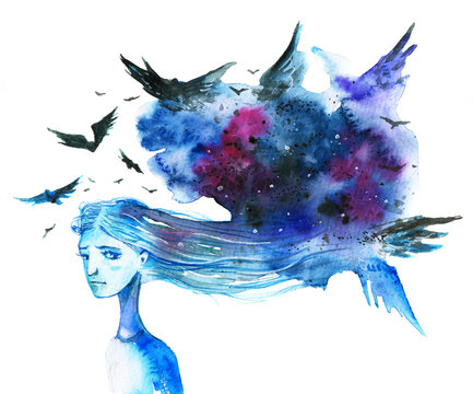 Anxious Long-haired Woman With Dark Blue Cloud And Birds Over Her Head - Hand Drawn Watercolor Illustration In Blue Colors