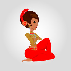an oriental proud woman from Turkey or an Indian woman sits in trousers with a hairdo, an isolated character, a graphic drawing