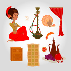 Isolated eastern Turkish objects: woman character, hookah, curtains, cabinet, dish with fruit and jug, feather, carpet, pomegranate, grapes