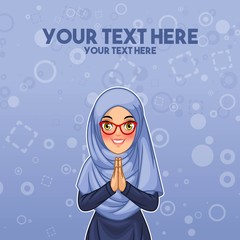 Young muslim woman wearing hijab veil smiling greeting with welcoming gesture hands put together, cartoon character design, against blue background, vector illustration.