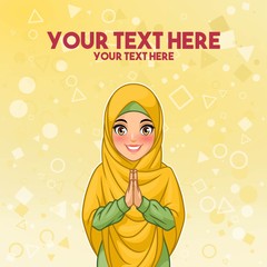 Young muslim woman wearing hijab veil smiling greeting with welcoming gesture hands put together, cartoon character design, against yellow background, vector illustration.