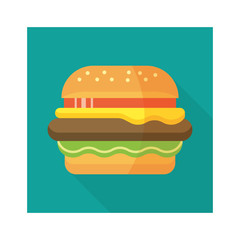 Hamburger icon with long shadow. Delicious burger. Vector design burger icon