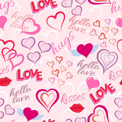 Hearts and kisses, love seamless pattern, doodle style. Love symbols on pink background hearts vector illustration background