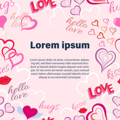 Hearts and kisses, love frame, doodle style. Love symbols on pink background hearts vector illustration background