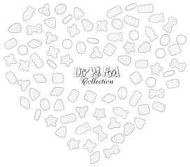 Collection of images on the theme of dry food for cats and dogs. Vector snacks for pets grouped in the form of a heart, colorless doodles.