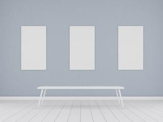 3D Stimulate of minimal room with white table and tree blank picture frame on the center of white plank wood floor and wall