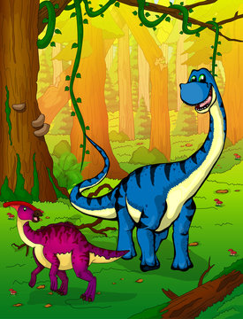 Diplodocus on the background of forest.