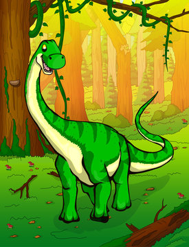 Diplodocus on the background of forest.