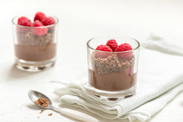 Chocolate dessert with raspberries