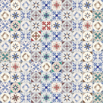 Seamless pattern of hydraulic tiles, typical of Spain, Italy and Portugal. Oriental style.