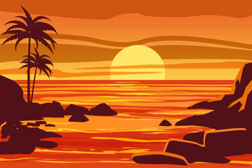 Plakaty  Tropikalny piękny zachód słońca, krajobraz, palmy, morze, kamienie, wektor, styl kreskówki, ilustracja na białym tle