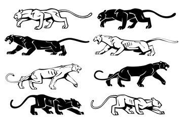 Illustration of silhouettes of a panther in profile. Vector set. - obrazy, fototapety, plakaty