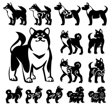 Stylized, decorative illustrations of Chinese and Japanese breeds of dogs. Black silhouettes on white background.