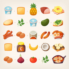 Set of colorful products and ingredients for making healthy tasty family breakfast dishes. Plus ready to eat dishes from different countries. Isolated vector images.