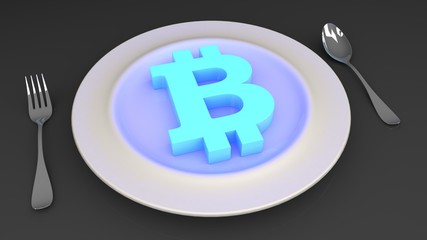 3D illustration of bitcoin sign on a plate with knife and fork
