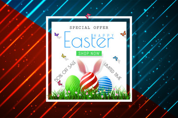 Happy Easter sale banners with realistic Easter rabbir`s ears, vector