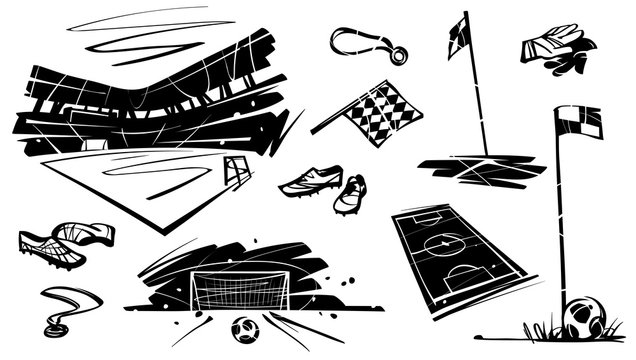 Soccer Vector Illustration.. A Set Of Football Items. Stadium, Medal, Ball, Gloves, Flags. Black Figure On A White Background.