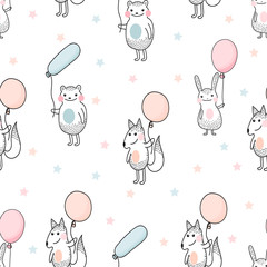 Seamless pattern with animals with balloons