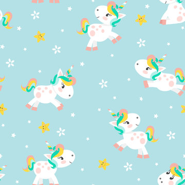 Seamless pattern with happy unicorns