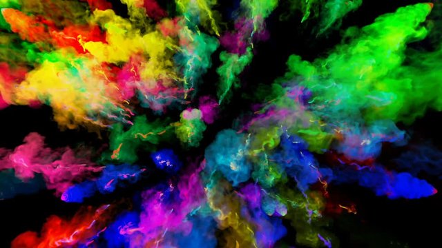 explosion of powder isolated on black background. 3d animation of particles as colorful background or overlays effects. Burst of rainbow colors powder for bright presentation like holi festival. 22