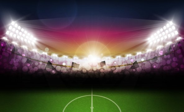 Football Arena Field With Bright Stadium Lights And Evening Sunset Vector Design. Vector Illumination