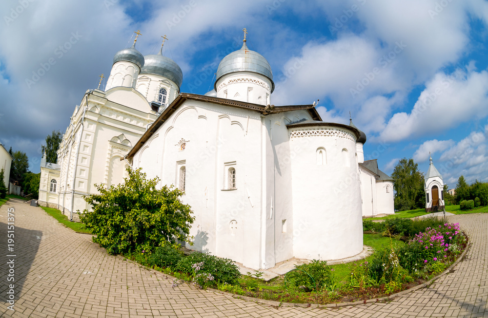 Poster Zverin Pokrovsky Monastery in Veliky Novgorod, Russia. Russian orthodox church